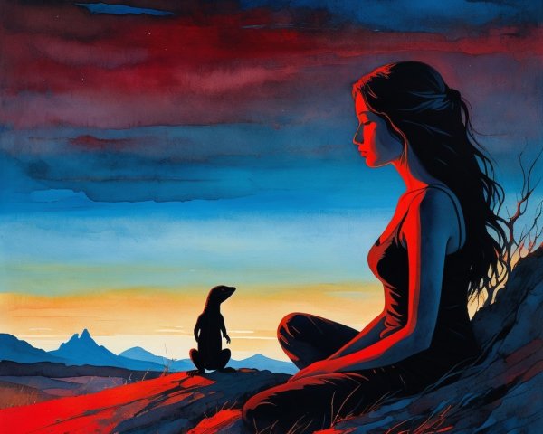 Sunset Landscape with Woman and Curious Creature