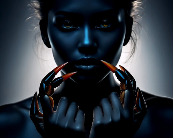 Portrait of a woman with crab claws in dim lighting