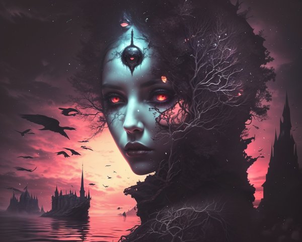 Surreal Woman with Branches and Gothic Sunset Background