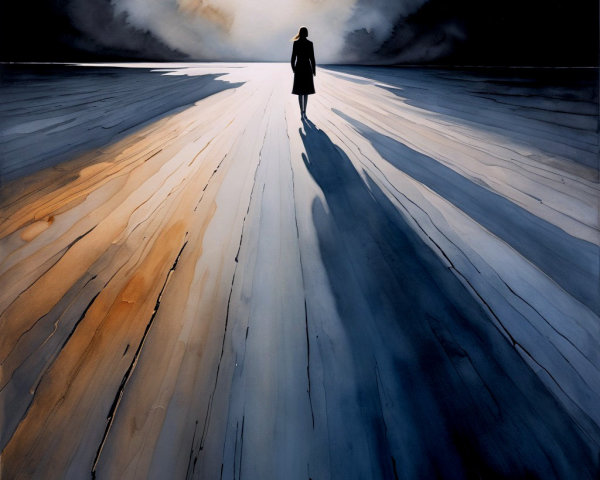 Solitary Figure on Reflective Surface Under Dramatic Sky