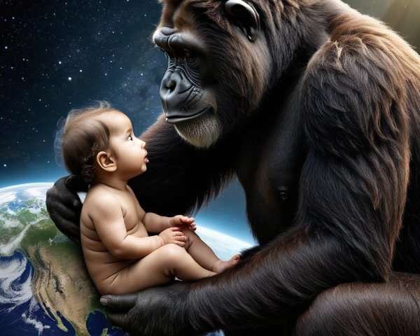Gorilla and Baby Share Moment in Cosmic Scene