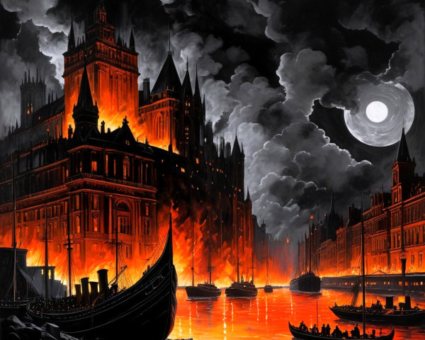 Dramatic Cityscape with Flames and Gothic Architecture