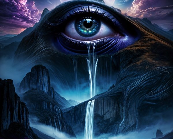Surreal landscape with eye, waterfall, and moonlight