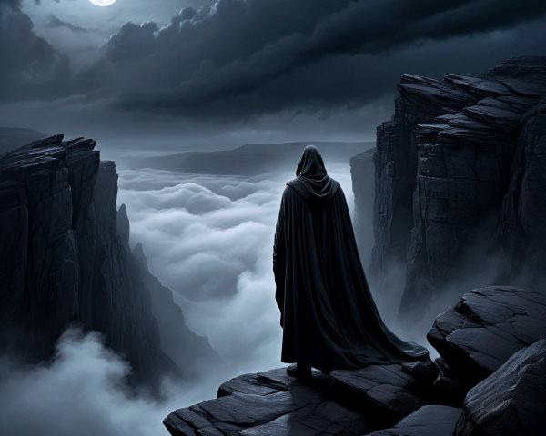 Mysterious Figure on Cliff Overlooking Cloudy Sea