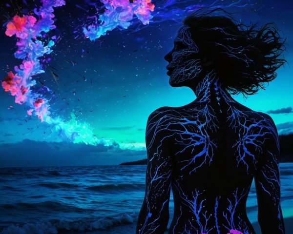 Silhouette of Woman with Glowing Body Paint by Ocean