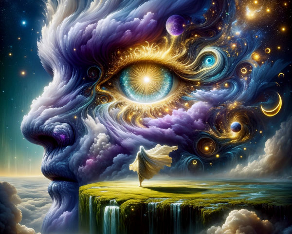 Surreal Landscape with Colossal Face and Cosmic Elements