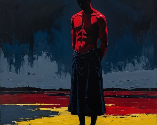 Solitary Figure in Red Against Dark Background