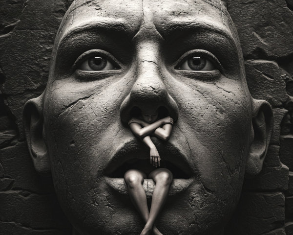Stone-Carved Face with Human Figure in Dramatic Setting