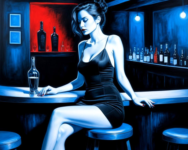 Woman in Black Dress at Dimly Lit Bar with Vodka