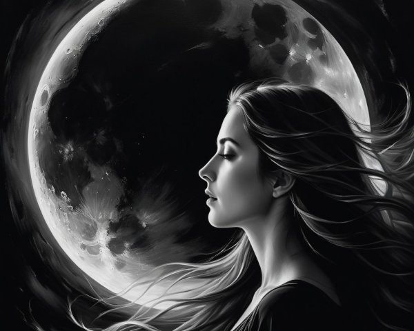 Monochromatic Artwork of Woman Gazing at Moon