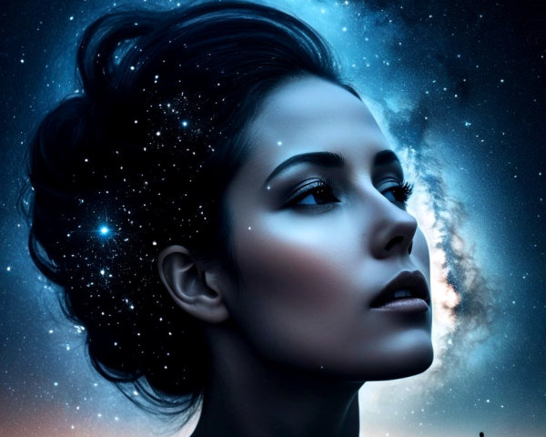 Woman with Cosmic Hair Against Celestial Background