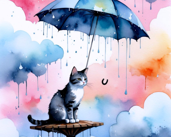 Whimsical Gray Tabby Cat Under Blue Umbrella Illustration