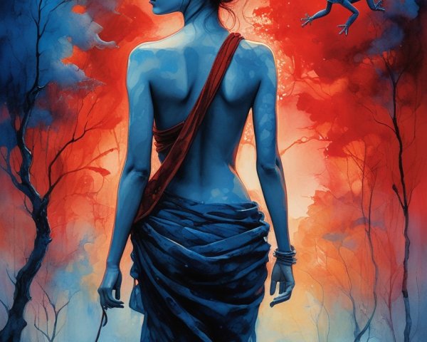 Woman in flowing garment against vibrant landscape