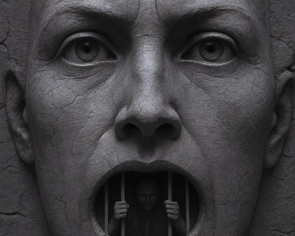 Gray Stone Face with Distressed Figure Behind Bars