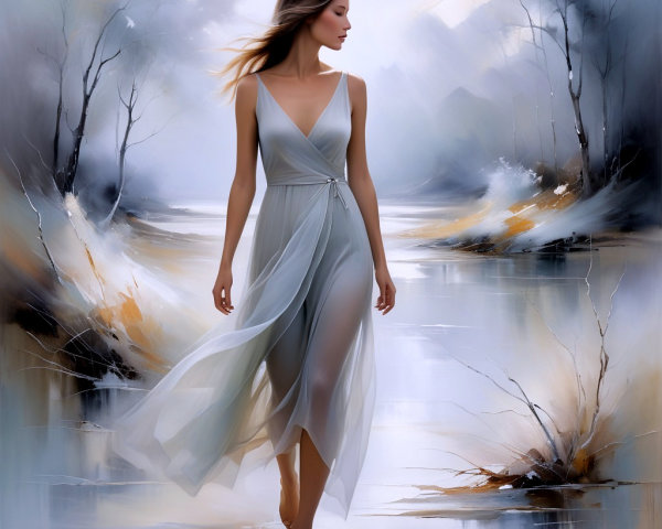 Woman in Diaphanous Gown in Misty Landscape
