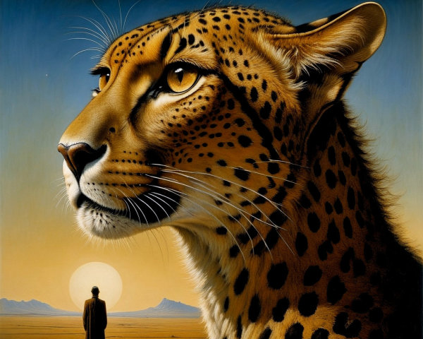 Cheetah and Sunset in a Vast Desert Landscape