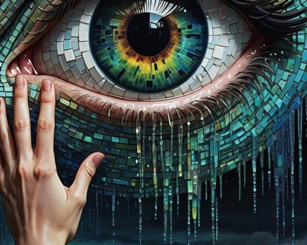 Surreal Mosaic Eye with Reflective Figure and Landscape