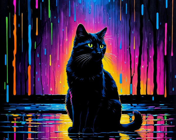 Black Cat Against Vibrant Neon Colorful Rain