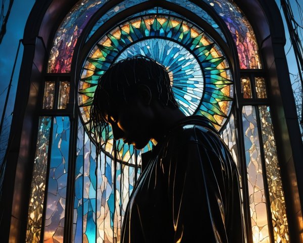 Silhouetted Figure Against Vibrant Stained Glass Window