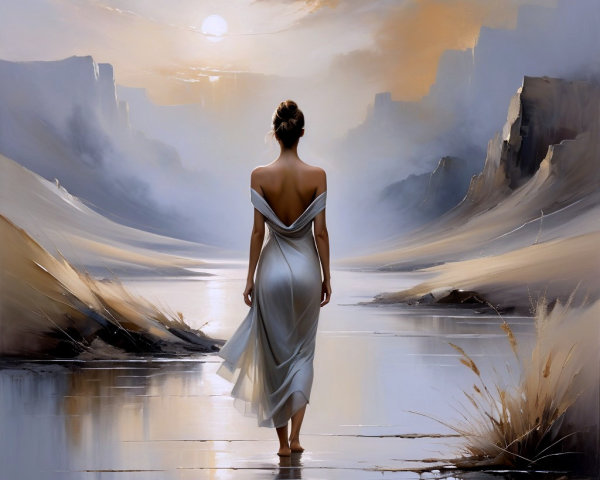 Serene Landscape with Woman by Glimmering Water