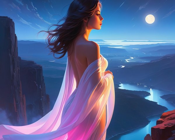 Silhouette on Cliff Against Twilight Sky and River