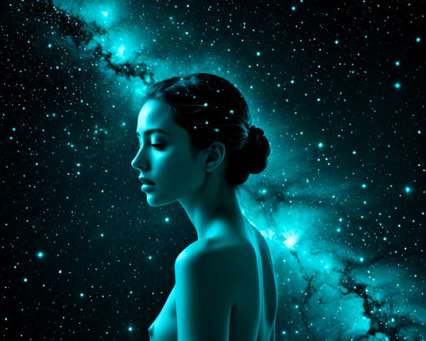 Silhouette of Woman Against Cosmic Galaxy Background