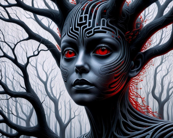 Surreal Figure with Human Face and Dark Tree Branches