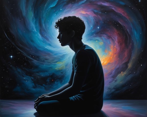 Silhouette Against Cosmic Backdrop with Galaxies