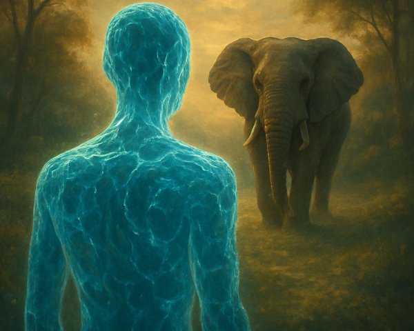 Translucent figure gazes at elephant in serene landscape