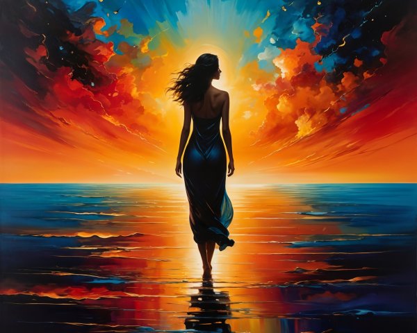 Woman Silhouetted at Sunset on Serene Shoreline