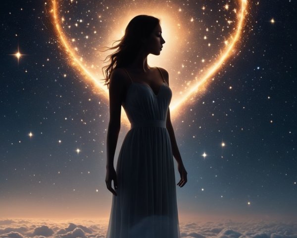 Silhouette of a Woman Among Clouds and Stars