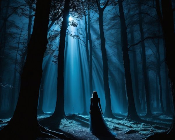 Lone Figure in Mystical Dimly Lit Forest Scene