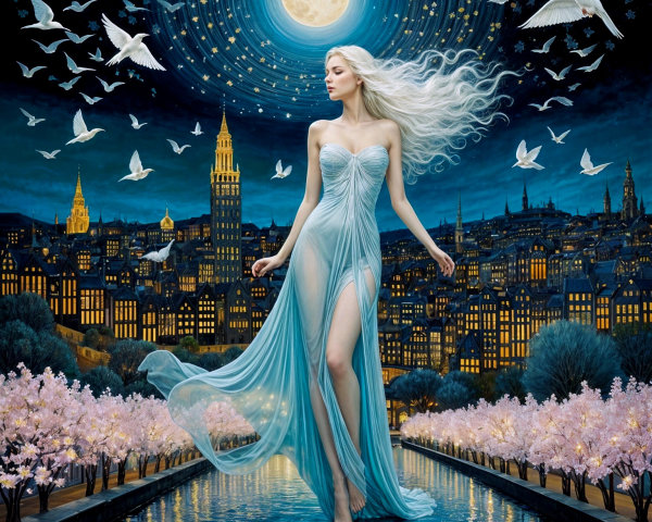 Mystical figure in blue gown by cherry blossoms at night
