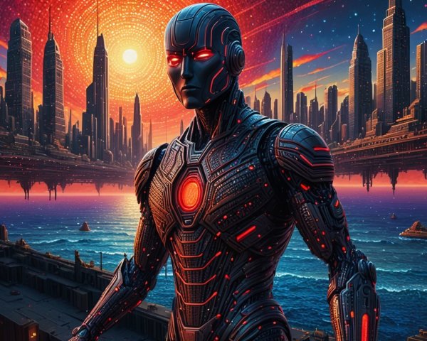 Futuristic Humanoid Robot Against Vibrant City Sunset