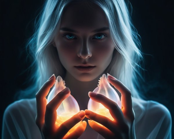 Enchanting figure with luminous orbs against dark backdrop