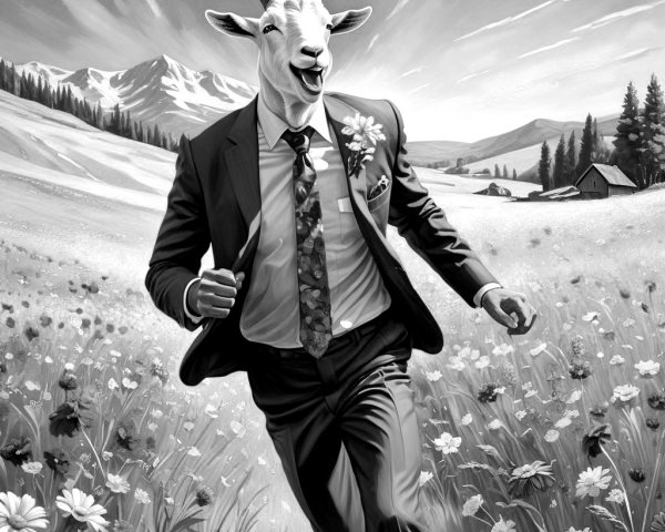 Surreal Black-and-White Scene with Goat-Headed Man
