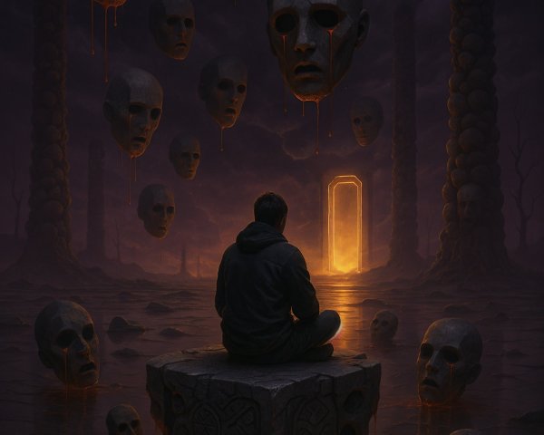 Surreal Landscape with Figure and Eerie Floating Heads