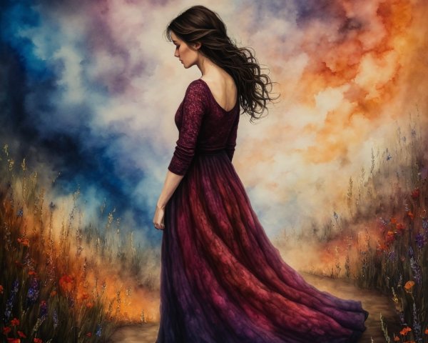 Solitary Woman in Gradient Dress with Vibrant Background