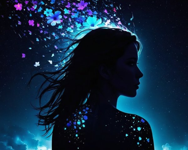 Silhouette of a Woman with Starry Background and Flowers