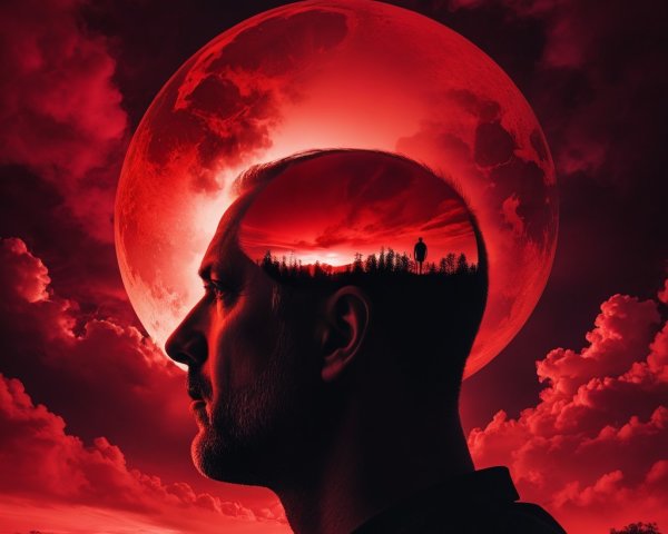 Silhouette of a man's profile with surreal landscape inside