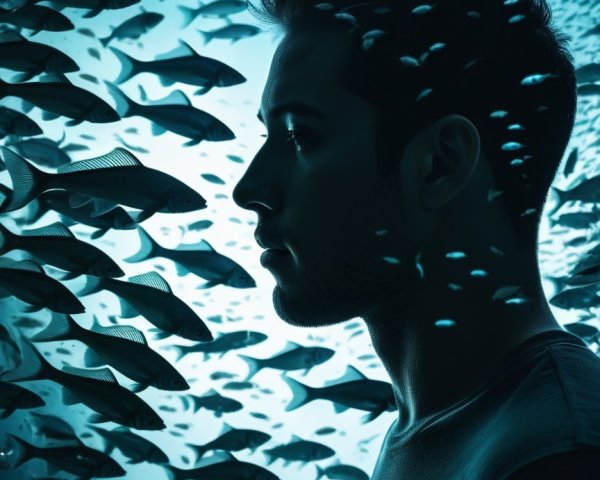 Young man in profile with fish in underwater scene