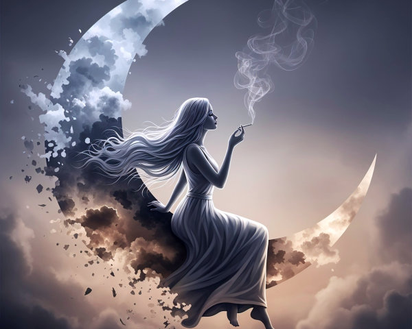 Serene figure on crescent moon with flowing dress