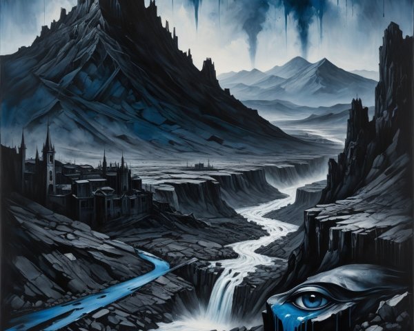 Eerie Painting of Mountains, Town, and Weeping Eye