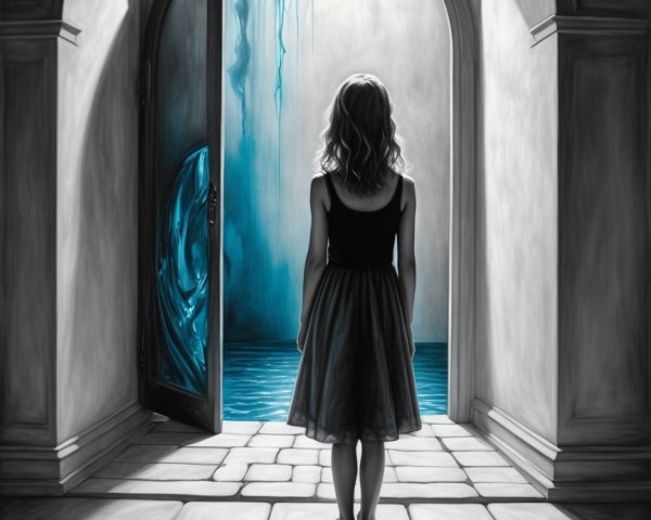 Young girl at open doorway with ethereal blue light