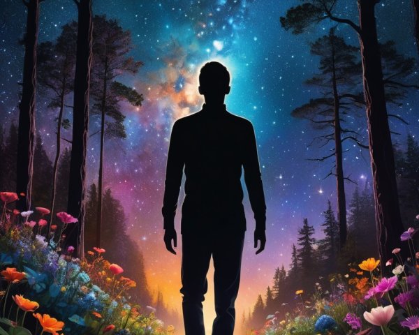 Contemplative figure in a vibrant twilight forest