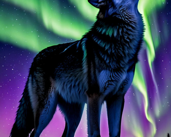 Wolf Howling Under Northern Lights in Starry Sky