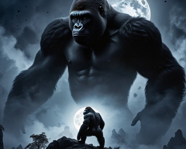 Gorillas in a Moonlit Scene with Dramatic Contrast