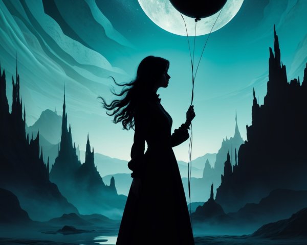 Silhouette of a girl by water with mountains and moon