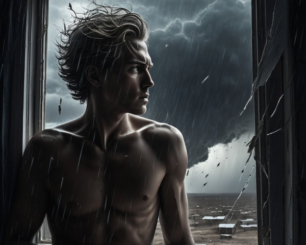 Young man by shattered window during a storm