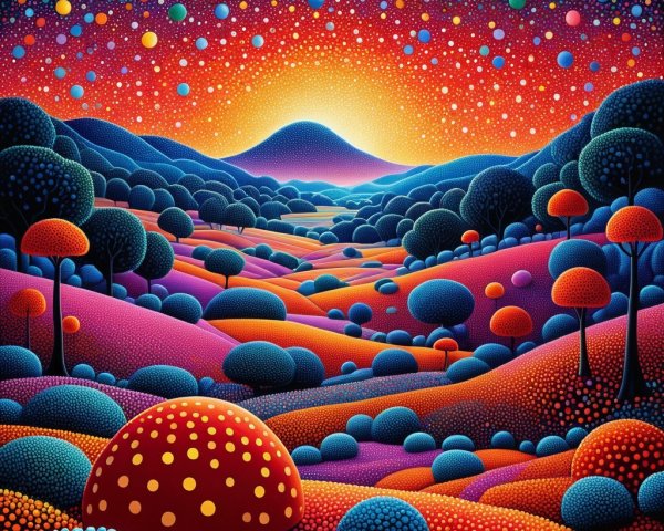 Surreal Landscape with Colorful Hills and Whimsical Trees